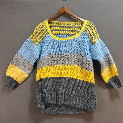 Womens Stripedn Hand Knit Sweater Long Sleeve Round Neck Blue Yellow Gray - Image 1 of 3