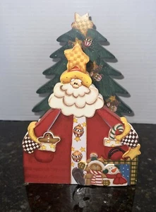 Vintage Wood Christmas Napkin Card Holder Box Santa and Xmas Tree - Picture 1 of 8