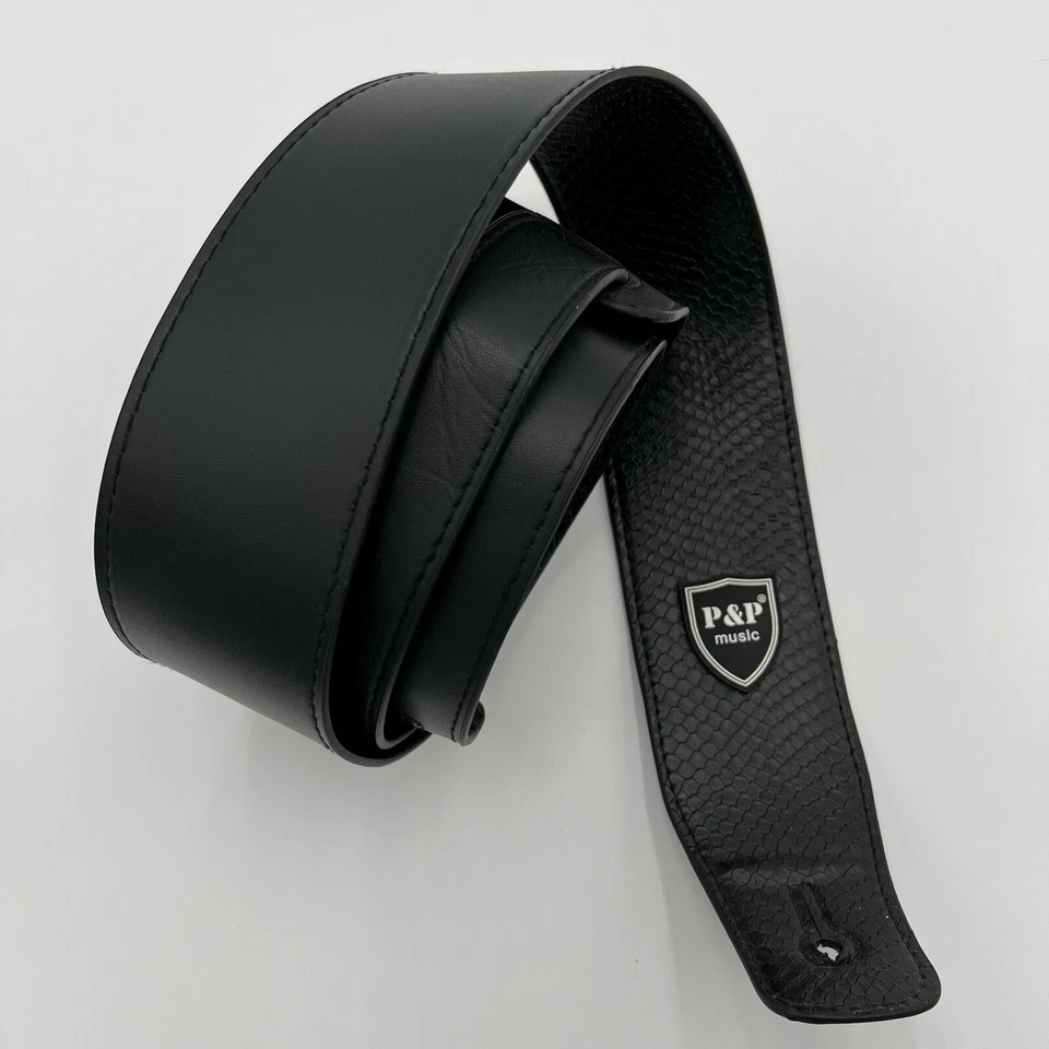 Correa de Guitarra de Cuero Vegano P&P Patrón de Piel de Serpiente Negra Cinturón Ajustable 58 pulgadas Foto 1 de 4
