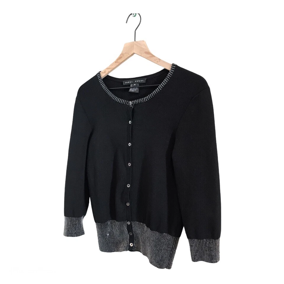 Yansi Fugel Black Silk Sequin Cardigan Sweater Size Medium Button Down - Image 1 of 4