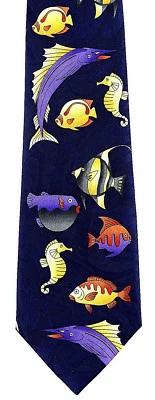 Tropical Fish Men's Neck Tie Ocean Seahorse Fish Novelty Animal Blue Necktie - Image 1 of 3