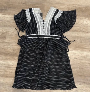 Neu mit Etikett Milkmaid Kleid gepunktet Schößchen Spitze Rüschen S Wednesday Addams - Bild 1 von 13