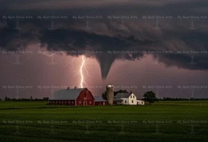 TORNADO ÜBER ROTER SCHEUNE BAUERNHOF KUNSTDRUCK, Sturm Landschaft Dekor, Bauernhaus Poster - Bild 1 von 2