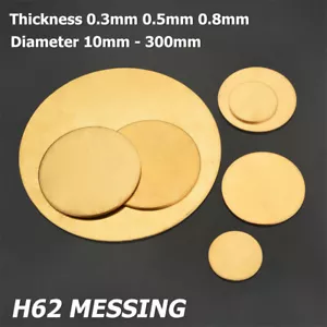 H62 Brass Round Sheet Solid Plate Metal Disc Thickness 0.3/0.5/0.8mm OD 10-300mm - Picture 1 of 10