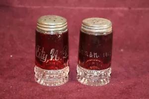 (2) Heisey Ruby Stained Souvenir Glass Shakers Punty Band - Michigan City, ND - Picture 1 of 6