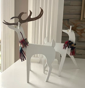Paar Vintage Set weiß Holz Rentiere Weihnachtsdeko Tischplatte - Bild 1 von 3