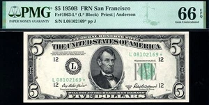1950B* $5 San Francisco STAR Federal Reserve Note FRN • 1963-L* • PMG 66 EPQ KEY - Picture 1 of 2