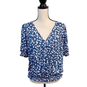 Melloday Blue Floral Crossover Puff Sleeve Blouse Feminine Spring Size Medium - Picture 1 of 8