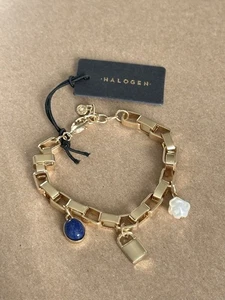 🆕 Halogen Gold-Tone Charm Bracelet, Blue Stone, Lock & Pearl, Adjustable Chain - Picture 1 of 4