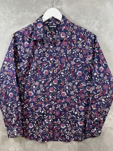 Top Lands End para mujer 16 púrpura azul floral abotonado sin hierro manga larga pradera - Imagen 1 de 7