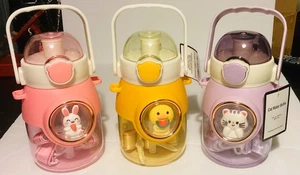 Set of 3 Kawaii Animal Bottles- Cute Cartoon Bunny, Duck & Cat- Bottle & Strap - Picture 1 of 2