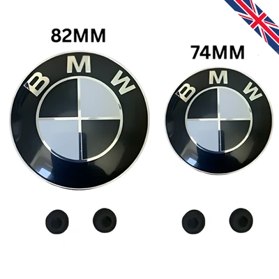 2 x 82mm + 74mm Black & White Bonnet Badges Fits For Bmw Front And Rear 2 Pin UK - Image 1 of 4