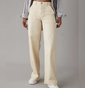 American Eagle super hoher Bund Baggy weites Bein drapiert gewebte Hose 2 elfenbein khaki - Bild 1 von 7