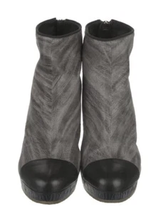 Chanel Leather Ankle Boots - Gray With Black Cap Toe And Logo Detail US 7 EU 37 - Picture 1 of 5