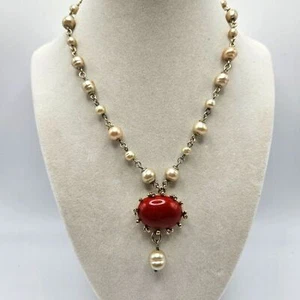 VINTAGE Carolee Glass Pearl Red Pendant Victorian Style Necklace - Picture 1 of 7