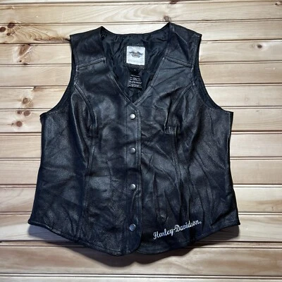 Chaleco de cuero bordado negro Harley Davidson para motocicleta talla grande a presión para mujer Foto 1 de 4