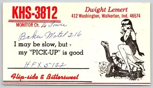 Postal QSL KHS-3812 Walkerton Indiana Ham Radio Pinup Niña Montando Tortuga - Imagen 1 de 2
