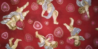  1 ярд 26 «ВИНТАЖНЫЙ Valentines ткани херувим Купидон темно-бордовый 1980 винтажный хлопок - Изображение 1 из 3