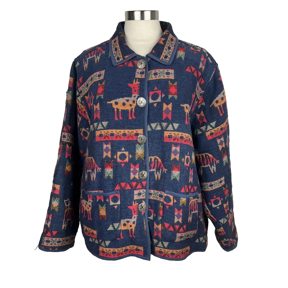 Chaqueta Jane Ashley 2X Mujer Azul Multicolor Estampado Animal Lana Botón Frontal Cuadrada Foto 1 de 4