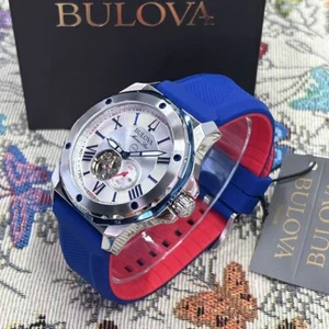 Bulova Marine Star Automatic 98A225 Men's Watch White Dial Red/Blue Rubber Strap - Picture 1 of 12