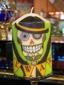 DAY OF THE DEAD SUGAR SKULL (Beware) Hand Decorated PILLAR CANDLE 10x7cm - Picture 1 of 6