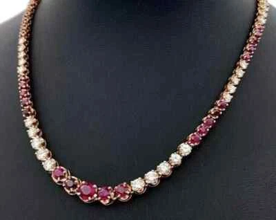 Women's Tennis Necklace 10Ct Round Cut Lab Created Red Ruby 14K Rose Gold plated - Image 1 of 4