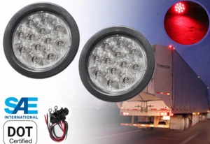 (2) New Red 4" Round Truck Trailer Brake Stop Turn Tail LED Light w Grommet Plug - Foto 1 di 8