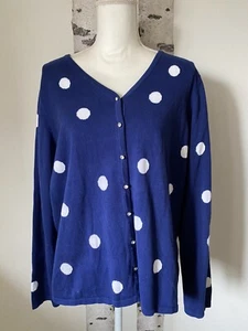 Quacker Factory Large Navy & White Polka Dot Button Down Cotton Cardigan Sweater - Picture 1 of 5