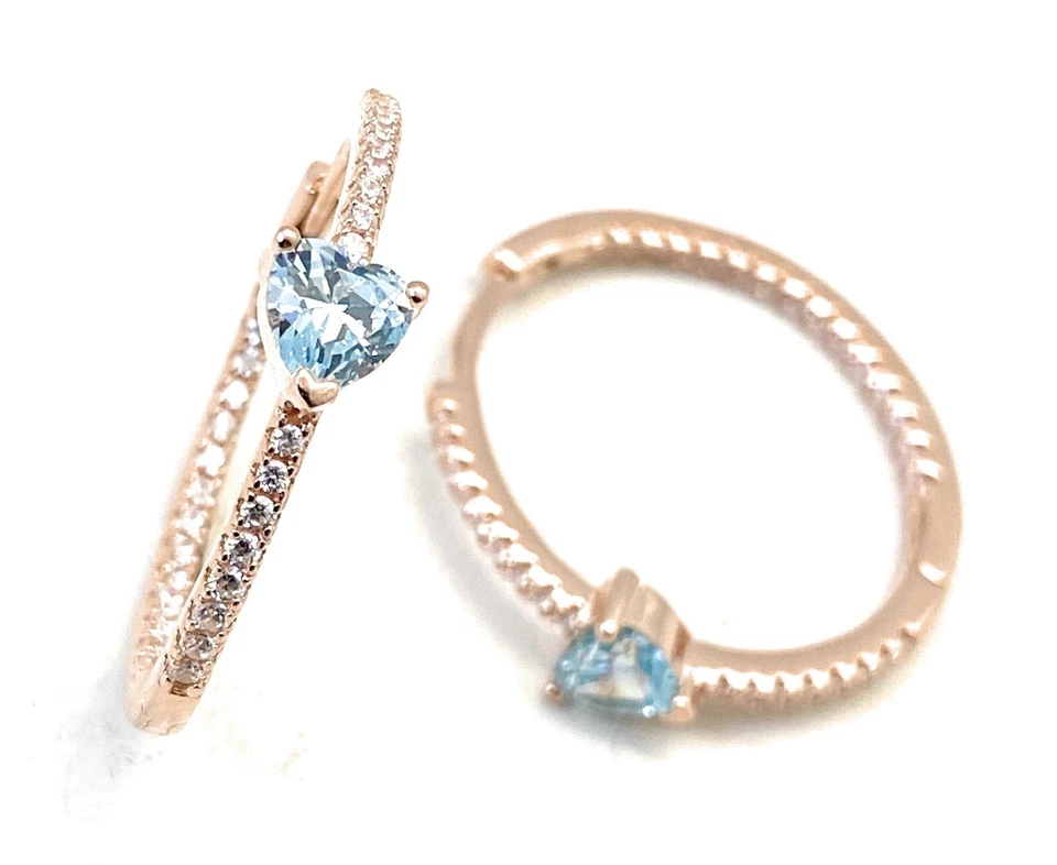 Orecchìni Cerchietto Argento Sterling Cuore Zircone Acquamarina placcato Rosé - Immagine 1 di 3