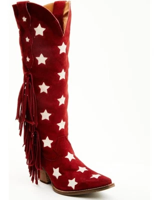Dingo Women Size 9 M, Super Star Tall Suede Western Fringe Boots, Red Stars  - Image 1 of 4