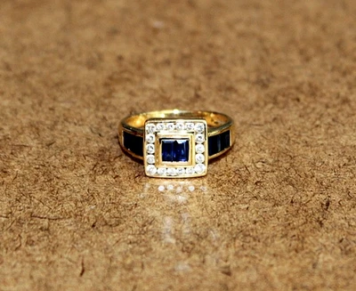 LeVian 18k Yellow Gold Square Sapphire & Diamond Ring Size 6 [095WEI] - Image 1 of 4