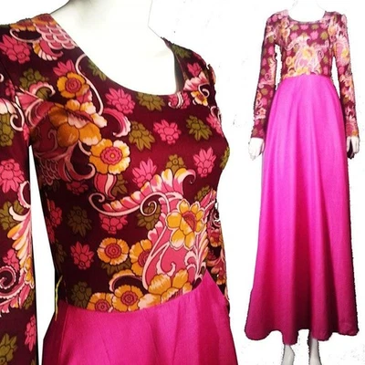 De Colección Años 60 70 Boho Mod Floral Maxi Rosa Falda Boho Vestido Fiesta Azafata Vestido S XS Foto 1 de 4