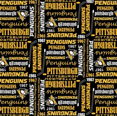 BTHY NHL Hockey Pittsburgh Penguins Name Logo Allover Cotton Fabric BY 1/2 YARD - Image 1 of 2
