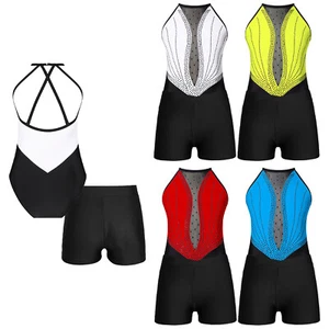 Girls Dancewear Competition Outfits Round Neckline Sets Shiny Costume Kids 2pcs - Picture 1 of 58