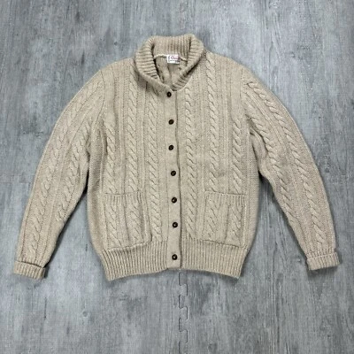 VTG ORVIS PURE WOOL CABLE KNIT SHAWL COLLAR BUTTON FRONT CARDIGAN MENS L TAN EUC - Image 1 of 4