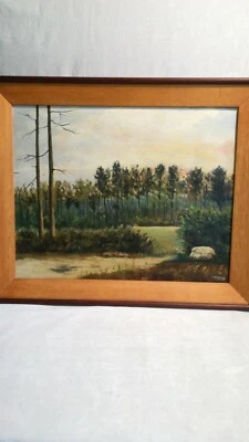 TABLEAU PEINTURE À L'HUILE SUR BOIS SIGNÉ L CAZAUX PAYSAGE DES LANDES GIRONDINE - Photo 1/4