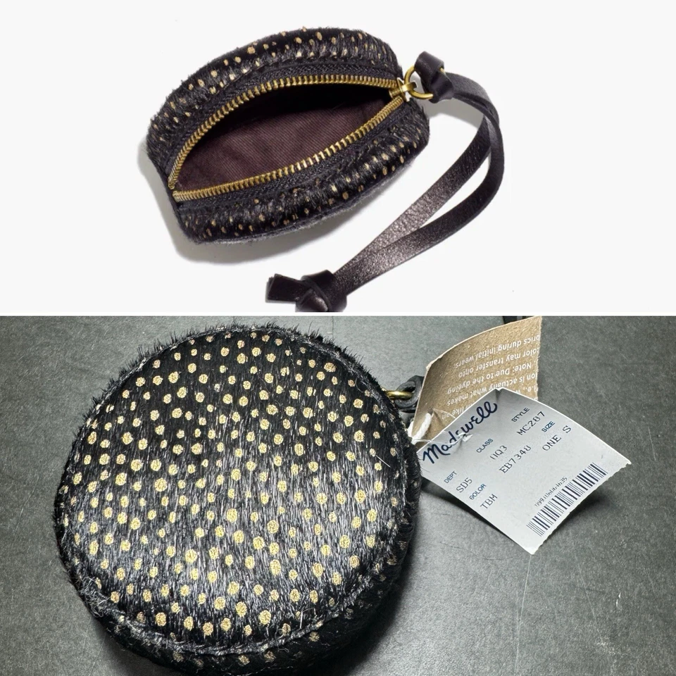 Madewell The Earbud Circle Pouch in Metallic Dot Calf Hair Black MC287