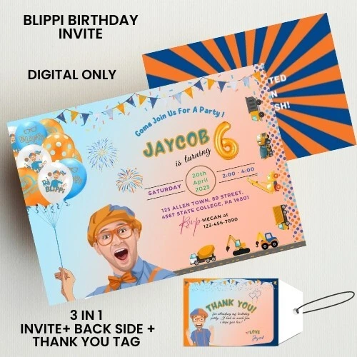 Video de cumpleaños Blippi invitación frontal y etiqueta de agradecimiento gratis, 2 temas, elige cualquiera Foto 1 de 3