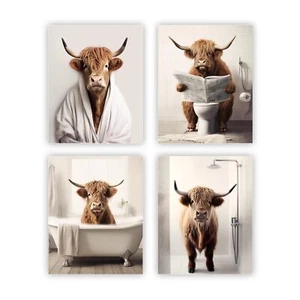 Funny Highland Cow Bathroom Decor Animal Bathroom Wall Art Brown Cattle in Ba... - Picture 1 of 9
