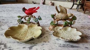 Vintage 2 Pc Lot Porcelain Birds On Flowering Branch With Leaf Trinket Dish Tray - Picture 1 of 14