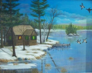 Pintura al óleo original - Cabaña del norte con patos de madera - Firmada por artista - Imagen 1 de 6