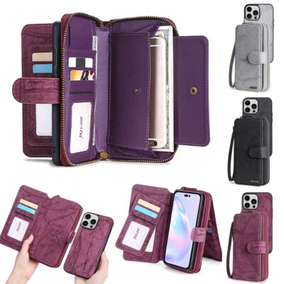 Fr iPhone 16E 15 14 13 12 11 Zipper Pocket Wallet Magnetic Detachable Phone Case - Image 1 of 4