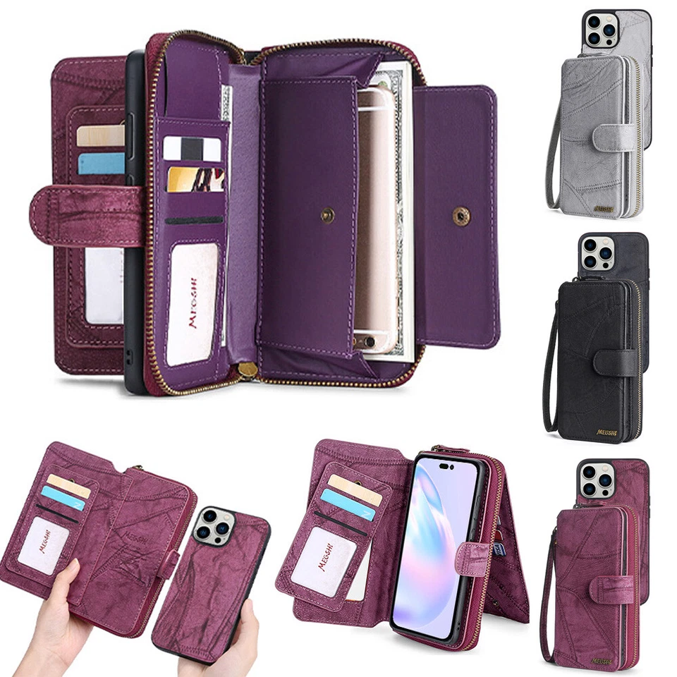 Fr iPhone 16E 15 14 13 12 11 Zipper Pocket Wallet Magnetic Detachable Phone Case - Image 1 of 4
