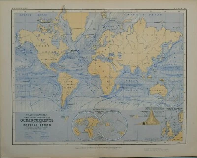 1880 MAP CHART OF THE WORLD OCEAN CURRENTS COTIDAL LINES MOUNT EVEREST TIDAL - Image 1 of 4