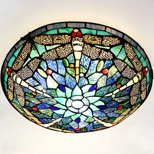 Tiffany Stained Glass Ceiling Light 3-Lights 16 Inch Tiffany Flush Mount Ceiling - Picture 1 of 7