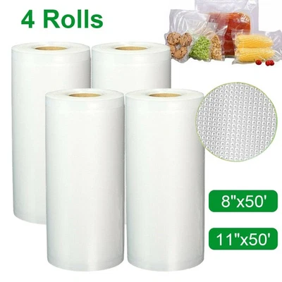 4 rollos 8"x50' 11"x50' rollos bolsas selladoras al vacío almacenamiento de alimentos bolsas en relieve 4 mil Foto 1 de 4