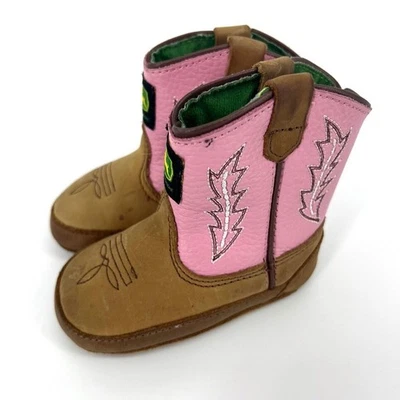 John Deere Infant Johnny Popper Boots Girls Size 4M Brown Pink Pull On Shoes - Image 1 of 4