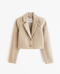 ABERCROMBIE & FITCH Cropped Tweed Blazer Small Beige Brown NEW Preppy Casual - Picture 1 of 9