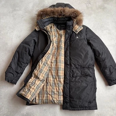 Abrigo Burberry Etiqueta Negra Plumón de Ganso Blanco Plateado Piel de Zorro Cuadros Nova M Foto 1 de 4