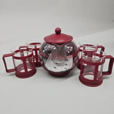 Red Winter Wonderland Half Moon Teapot Set with 4 Tea Cups Removable Filter - Image 1 of 4